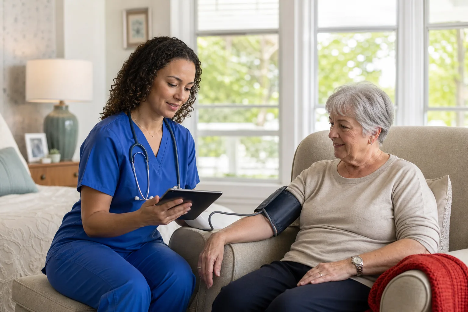 Home health nurse checking a patient's blood pressure at home