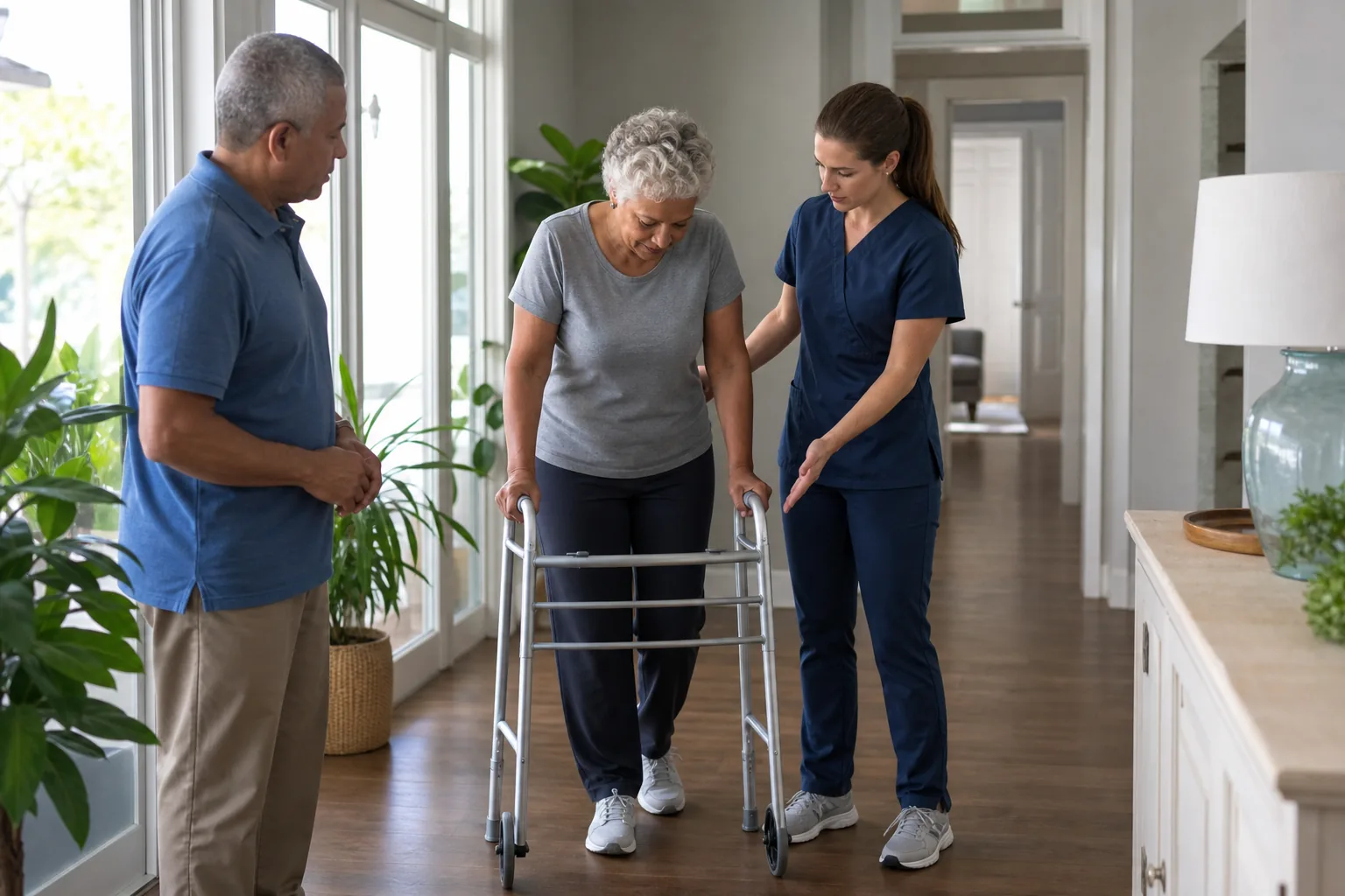 Physical therapist helping an older adult use a walker at home